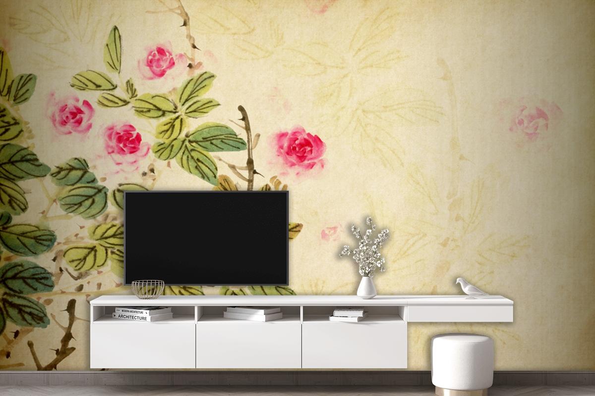 Chinese Traditional Painting Of Rose Flower On Old Paper Wallpaper Mural