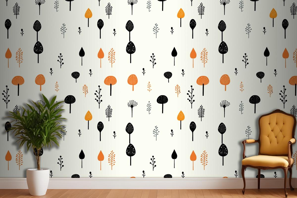 Black Mushroom And Leaf Pattern On A White Living Room Wallpaper Mural