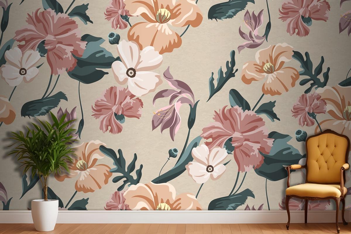 Blooming Colorful Flower Seamless Pattern Living Room Wallpaper Mural