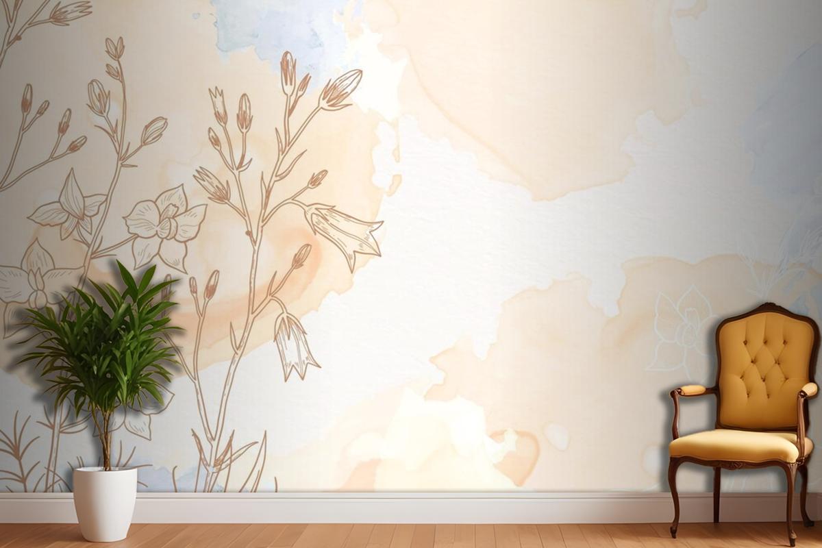 Cream Powder Pastel With Hand Drawn Flowers Living Room Wallpaper Mural
