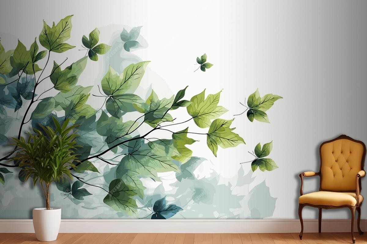 Fresh Baby Spinach Leaves On White Marble Living Room Wallpaper Mural