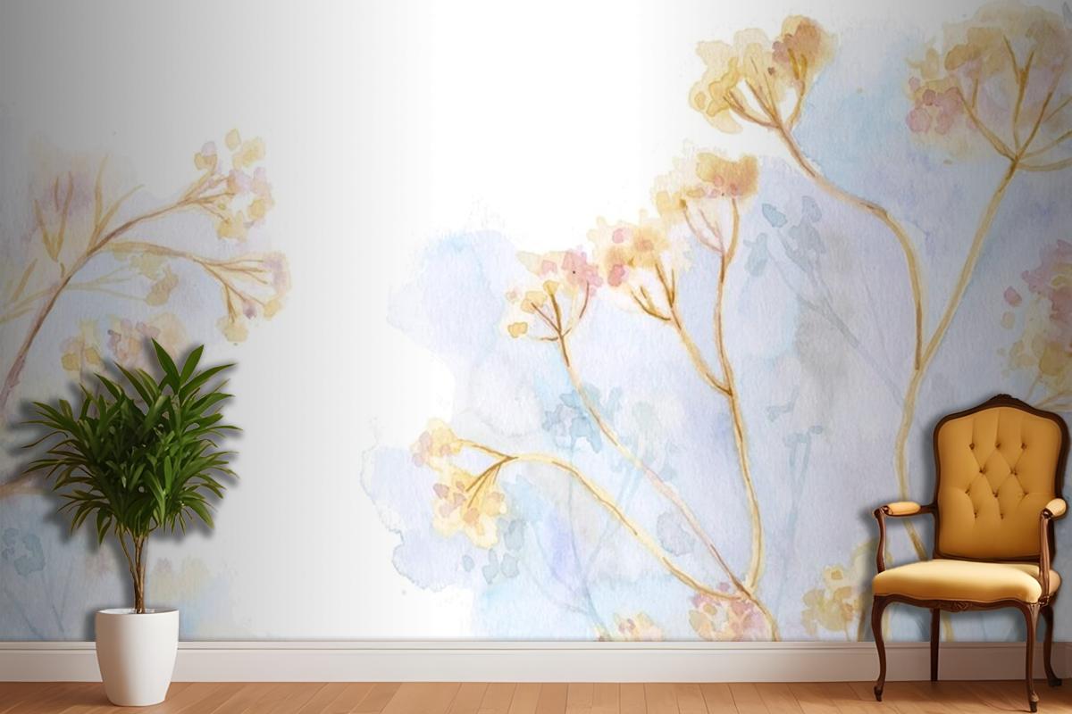 Hand Painted Watercolor Nature Living Room Wallpaper Mural