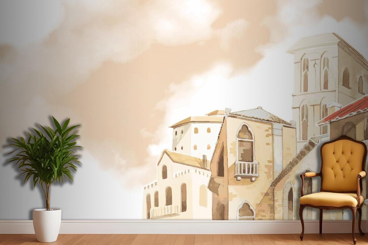 Mediterranean City Building Exterior Water Color Style Living Room Wallpaper Mural
