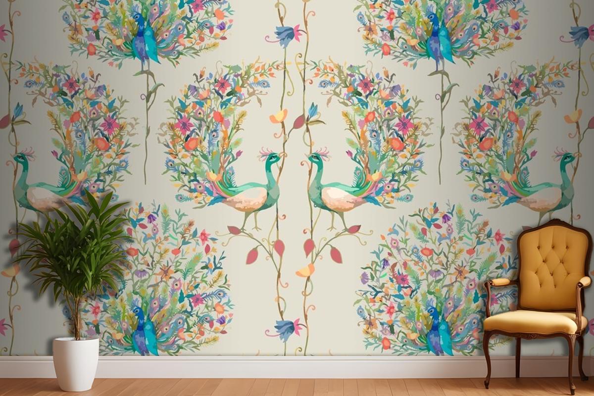 Pattern Background With Watercolor Peacock And Flower Living Room Wallpaper Mural
