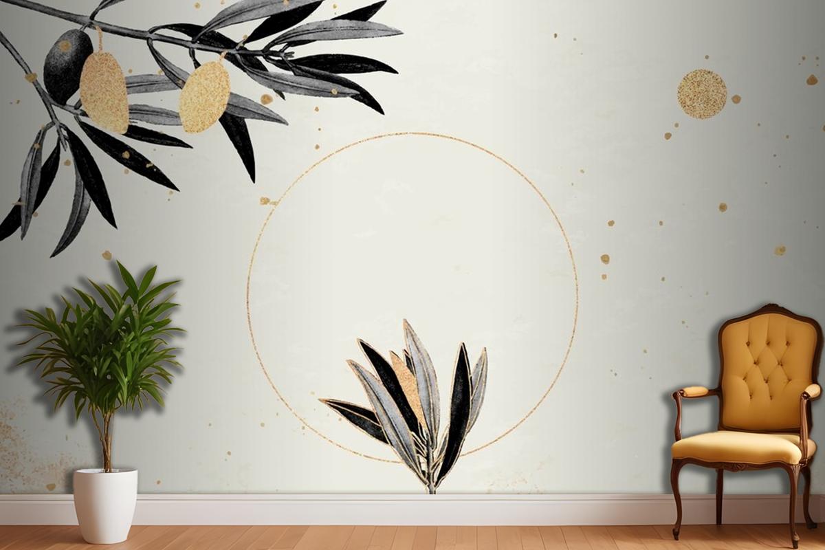 Round Gold Frame With Olive Branches Living Room Wallpaper Mural