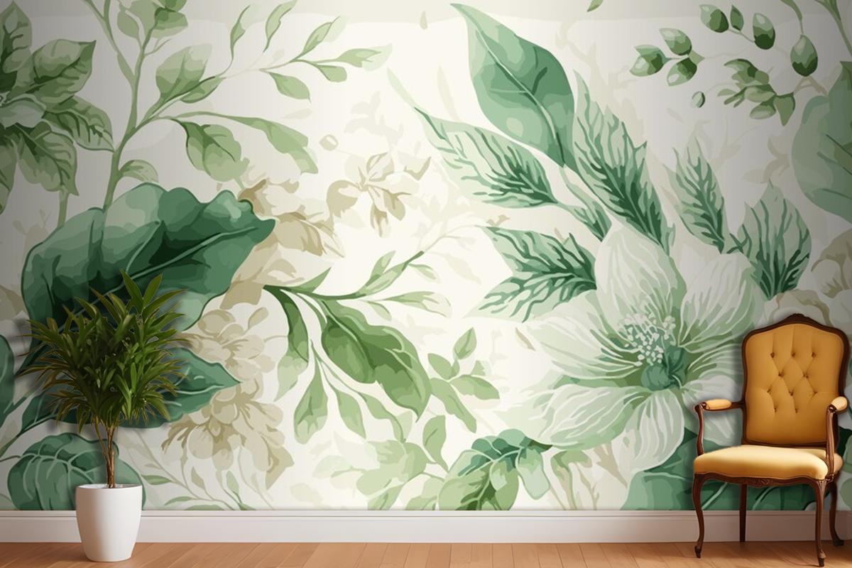 Seamless Watercolor Green And Beige Floral Pattern Living Room Wallpaper Mural