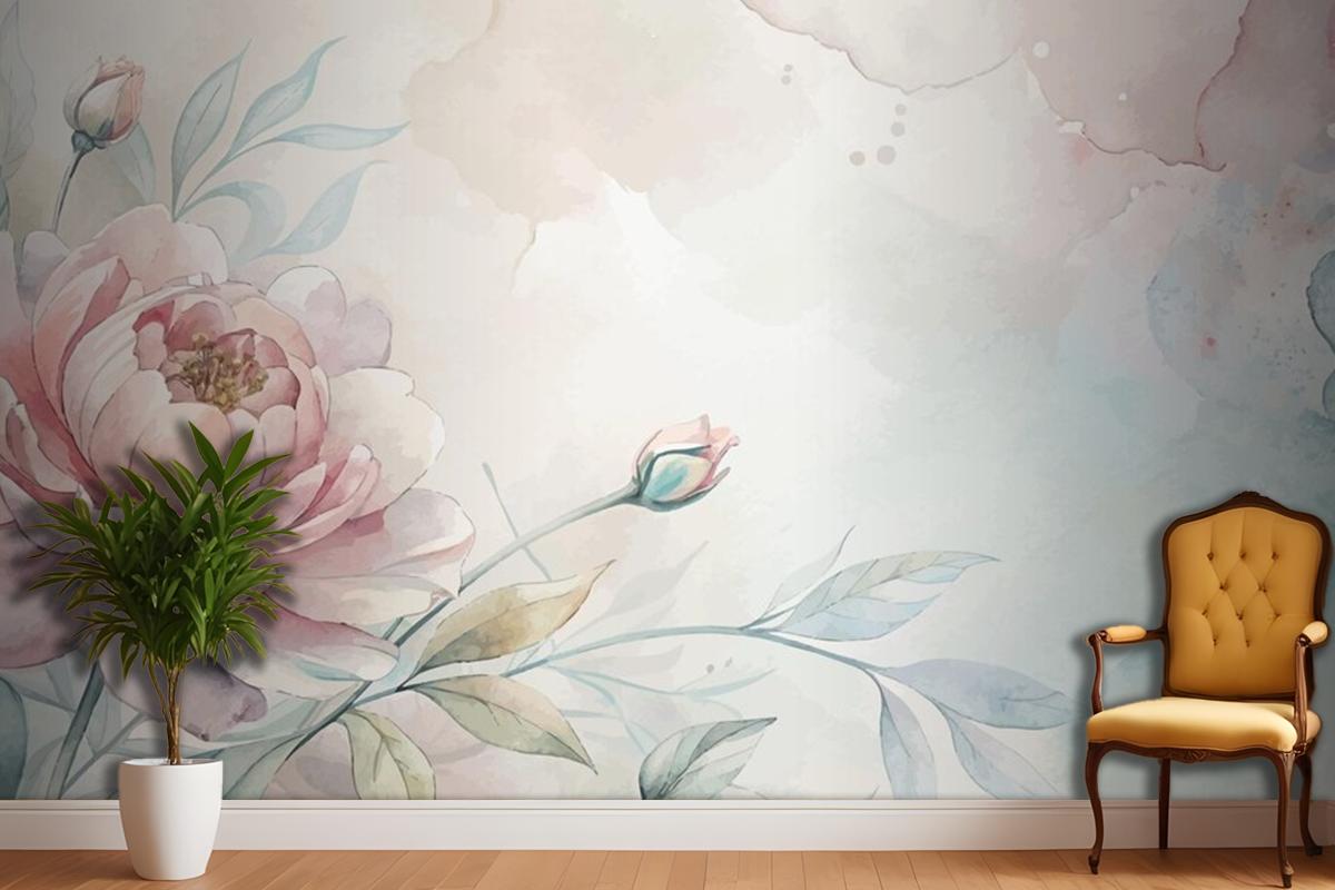 Soft Pastel Floral Watercolor Living Room Wallpaper Mural