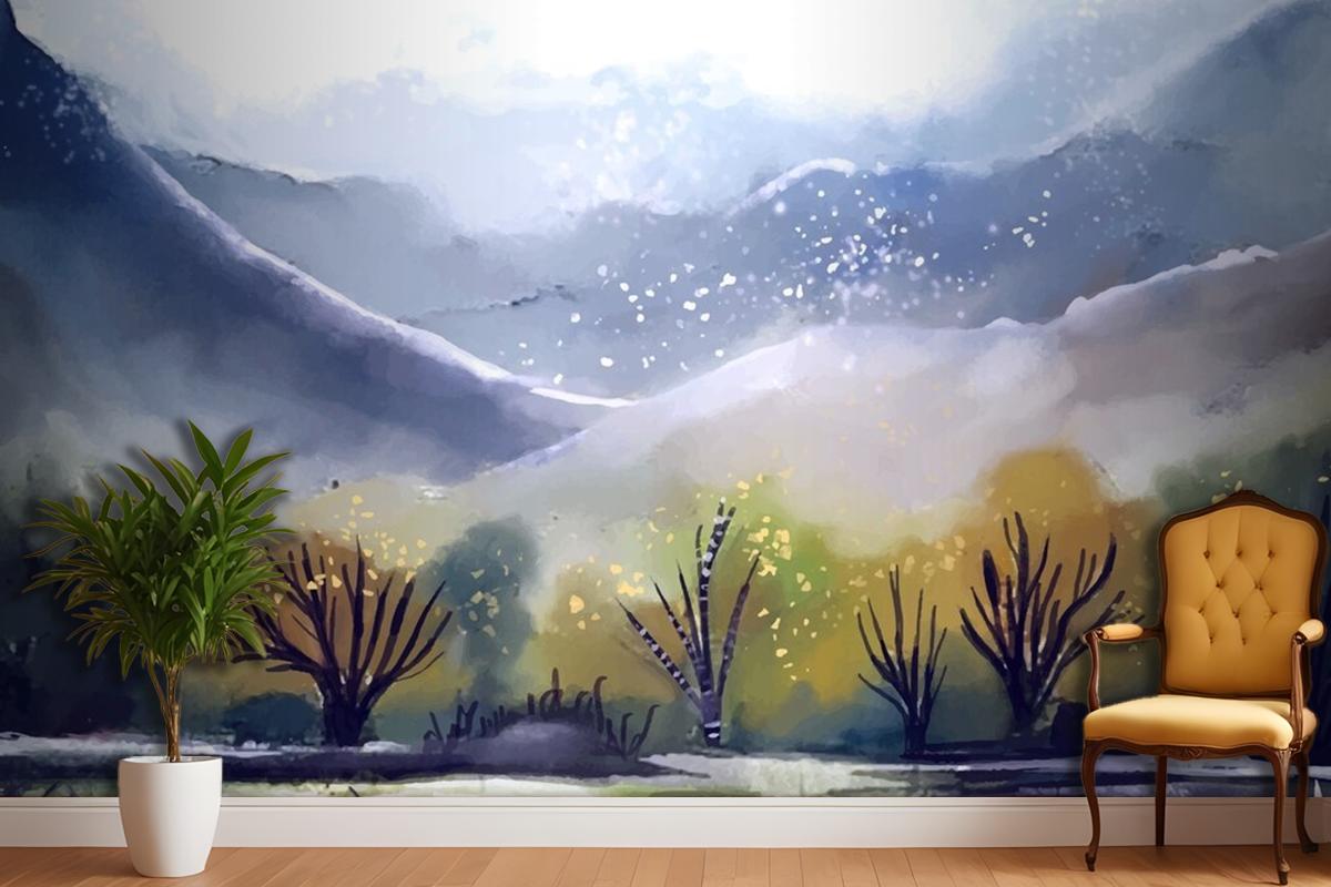Watercolor Mountain Landscape Living Room Wallpaper Mural