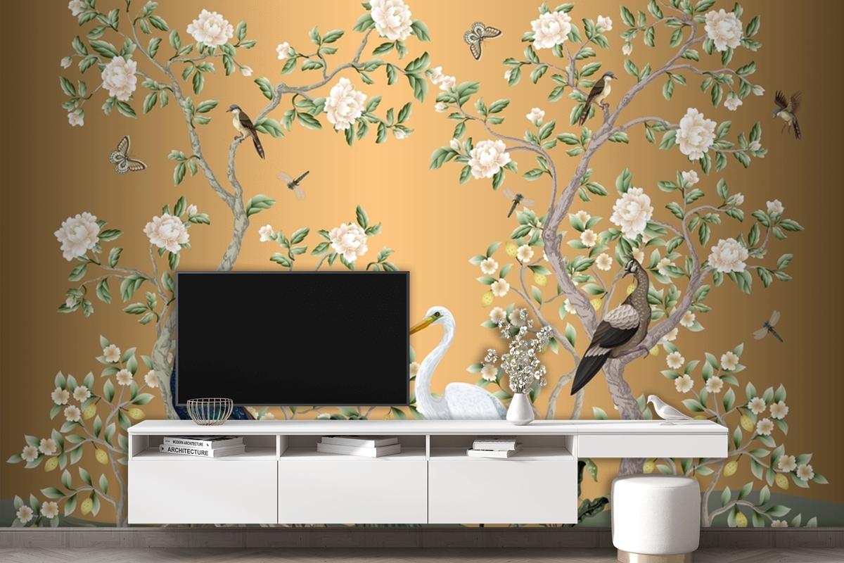 Chinoiserie Mural With Peacocks And Flowers Trees Wallpaper Mural