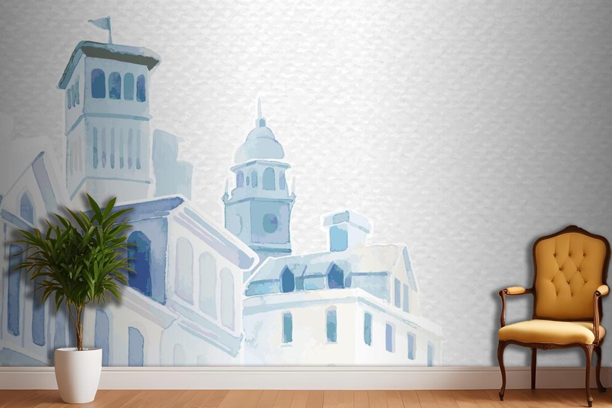 Architectural Mediterranean Buildings In Watercolor On White Paper Textured Living Room Wallpaper Mural