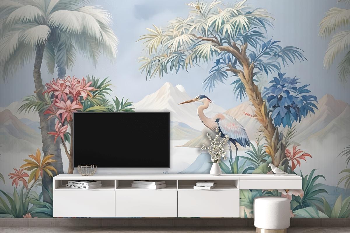 Art Painting Colorful Landscape With Heron Birds Wallpaper Mural
