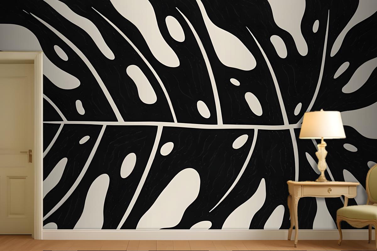 Black And White Abstract Pattern With Organic Shapes And Lines Wallpaper Mural