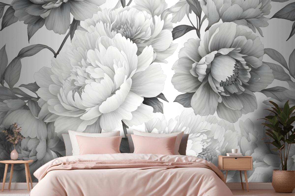 Black And White Floral Pattern With Large Lush Wallpaper Mural
