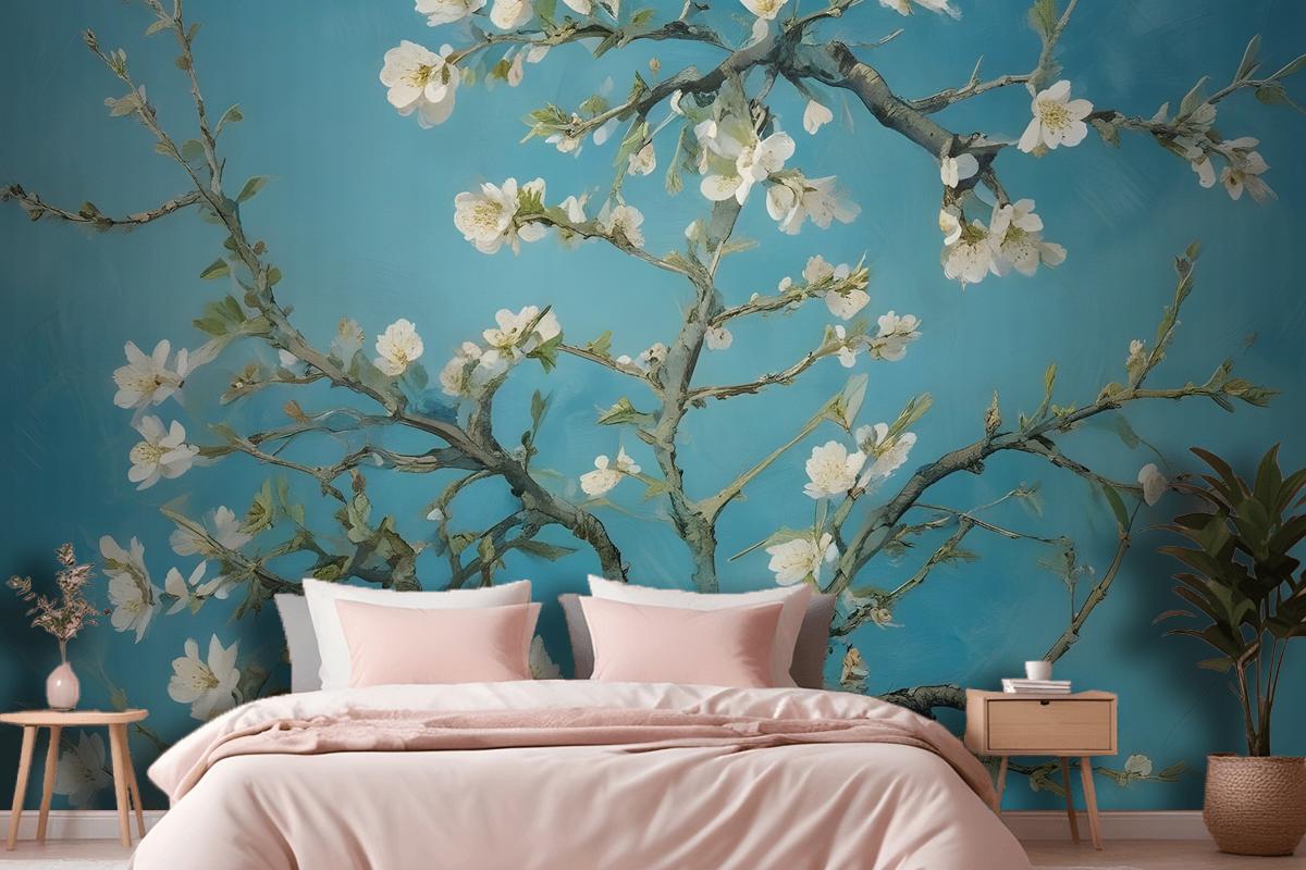 Blooming Almond Tree Branches Against A Blue Sky Wallpaper Mural