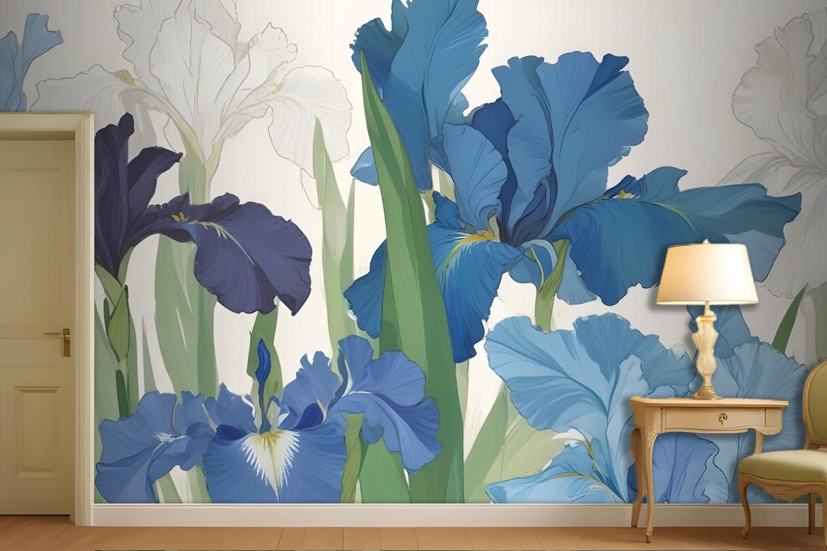 Blue And White Irises With Green Leaves Against A Light Wallpaper Mural