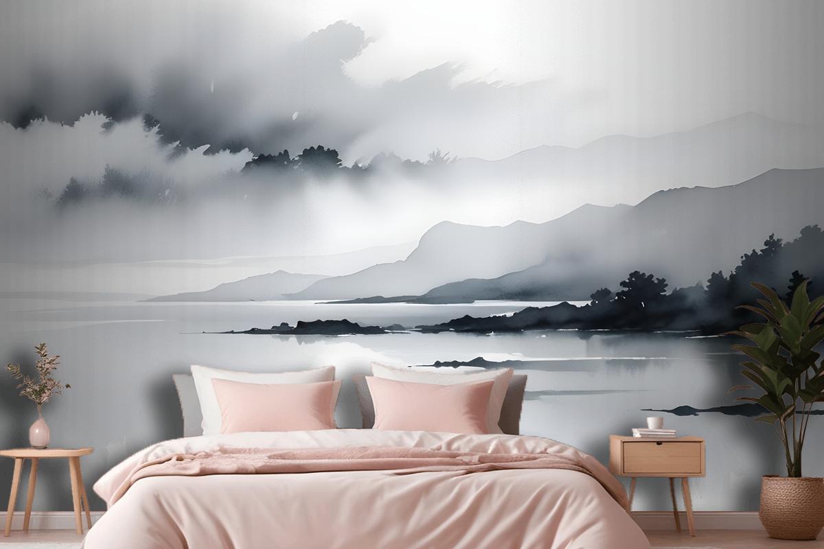 Blue Gray Watercolor Lake Landscape Wallpaper Mural