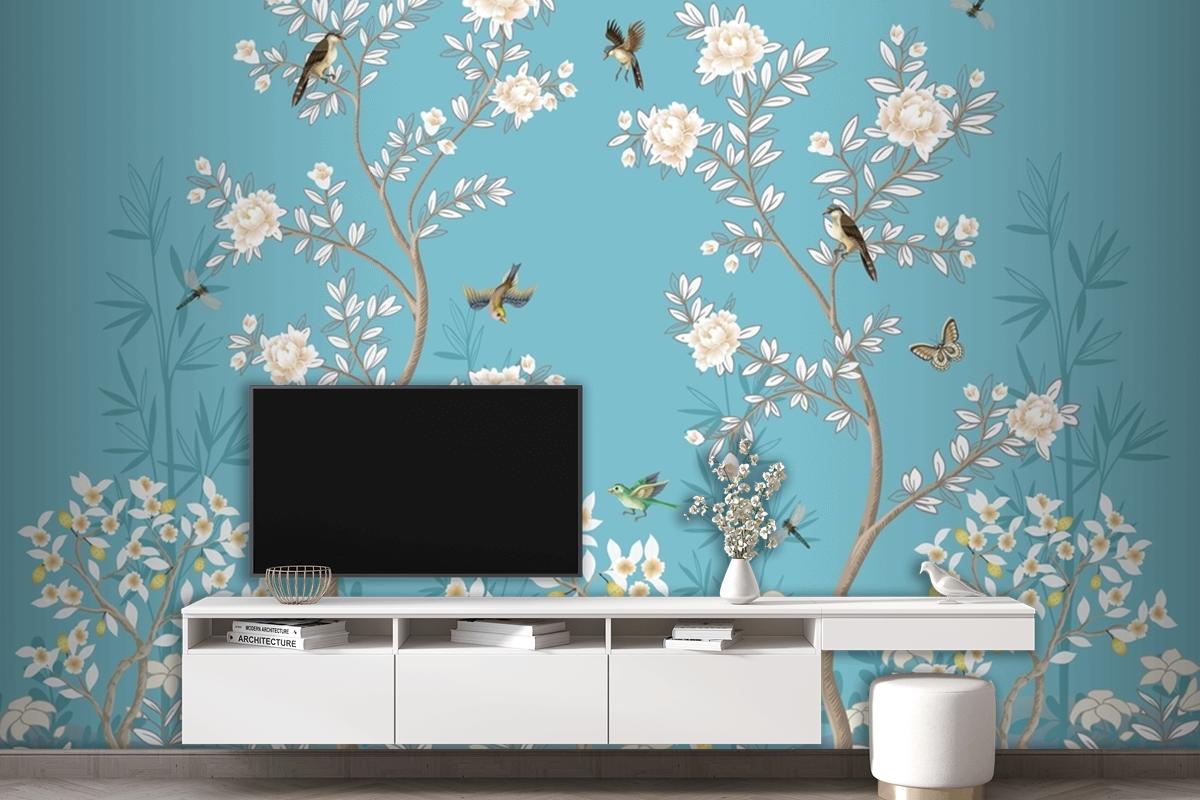 Chinoiserie Mural With Peonies And Birds Wallpaper Mural