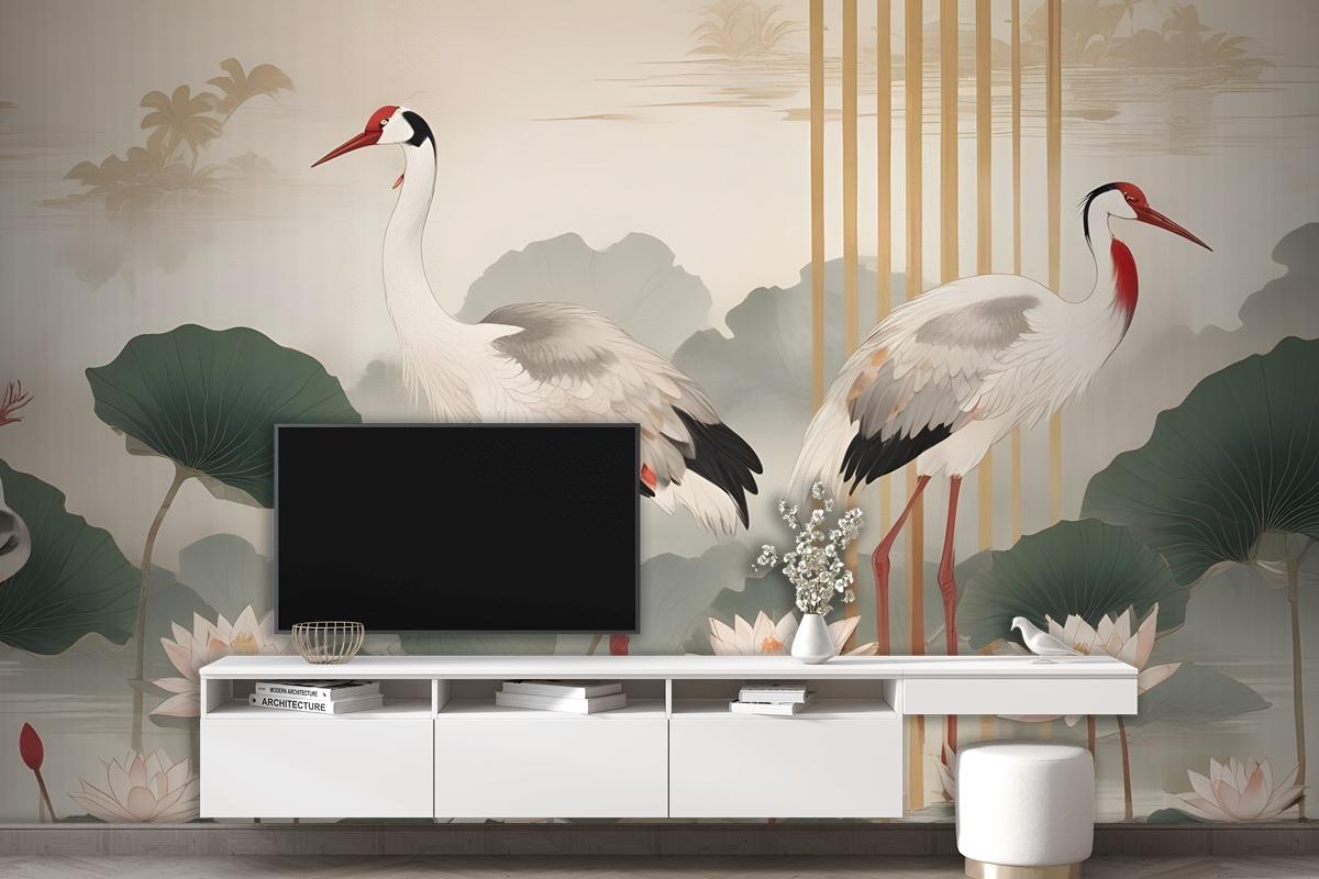 Chinese Crane Birds With Lotus Florals Bedroom Wallpaper Mural