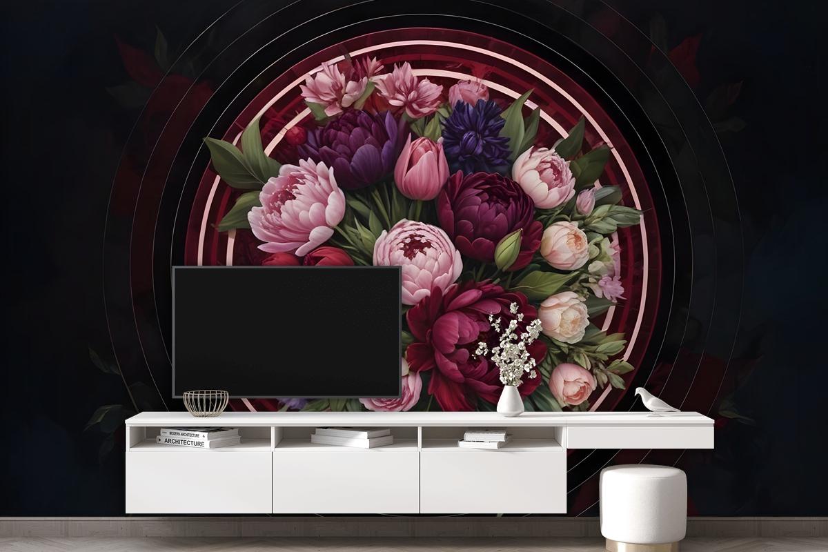 Circle Dark Floral Bedroom Wallpaper Mural
