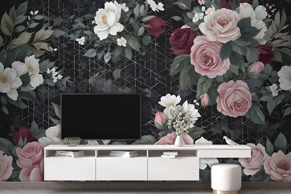 Colorful Floral With Dark Geometric Pattern Bedroom Wallpaper Mural