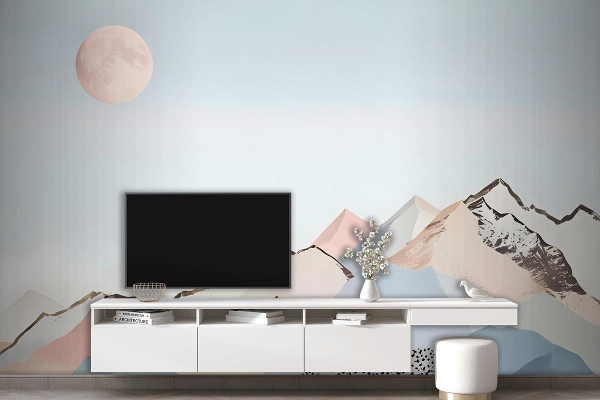 Colorful Mountain With Pink Moon Wallpaper Mural