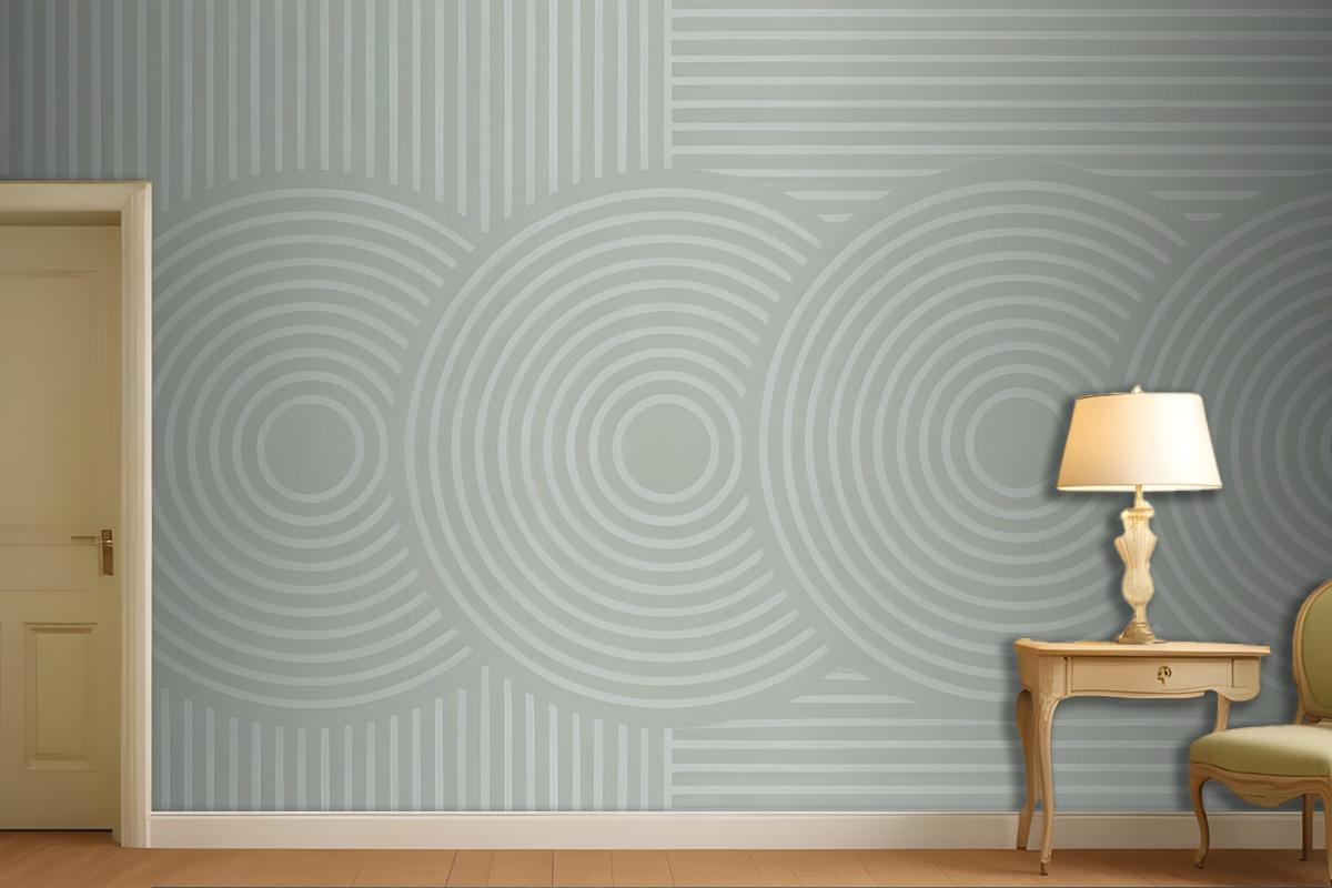 Concentric Circles And Vertical Lines In Green Wallpaper Mural