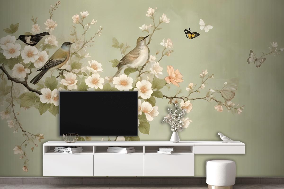 Cream Begonia Blossom Floral Art Bedroom Wallpaper Mural