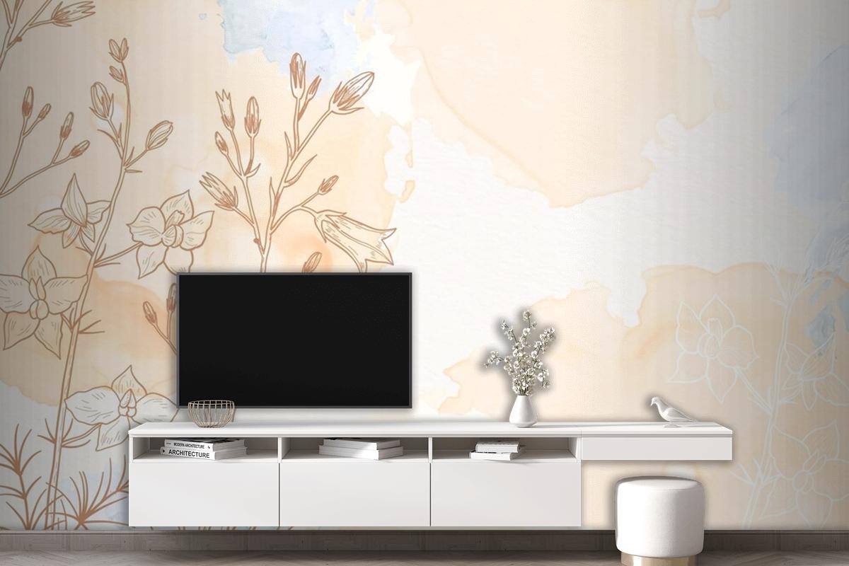 Cream Powder Pastel With Hand Drawn Flowers Background Wallpaper Mural