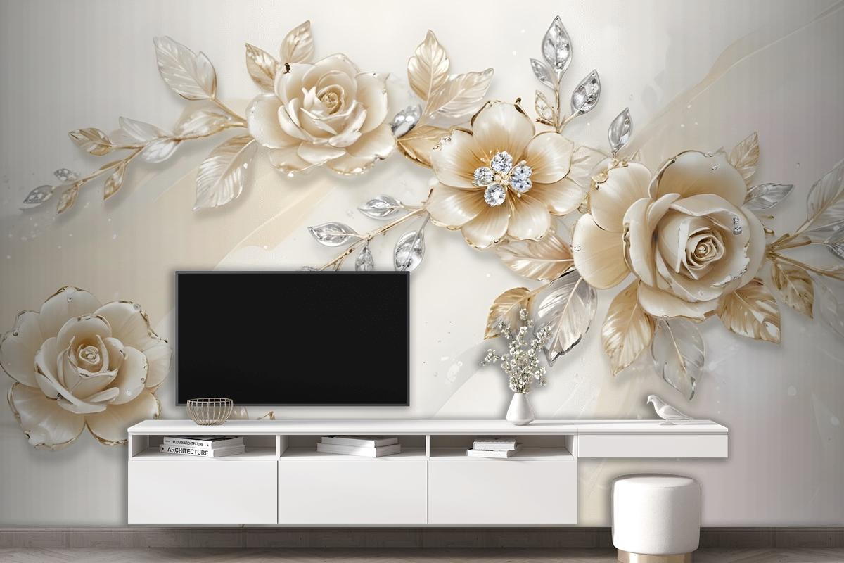 Cream Swarovski Rose Floral Bedroom Wallpaper Mural