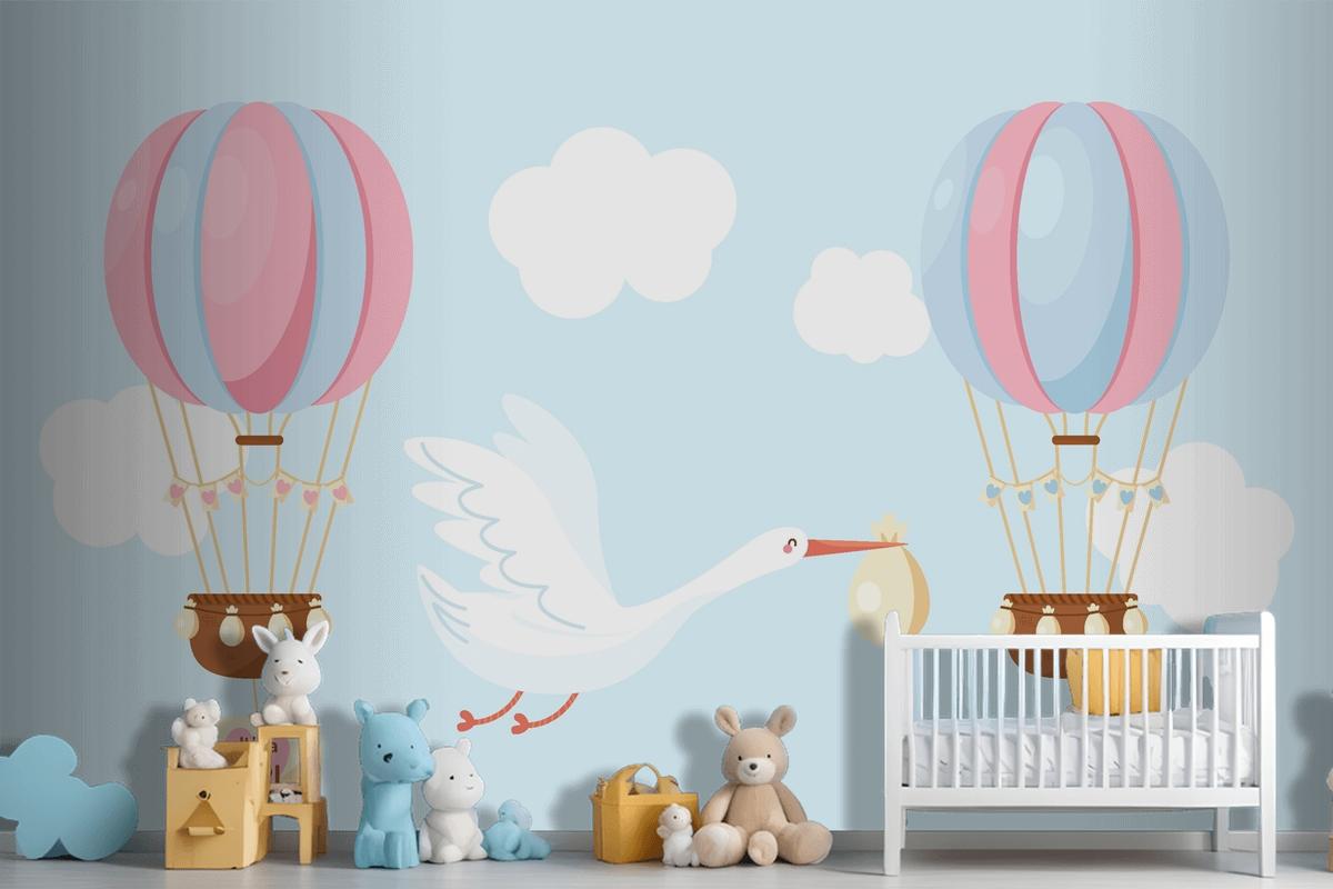 Cute Flat Design Blue Pink Balloon Wallpaper Mural