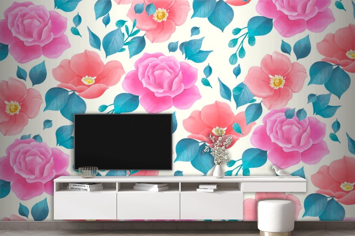 Cute Watercolor Floral Pattern With Rose Flowers Wallpaper Mural