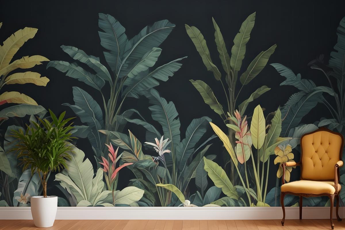 Dark Background Large Green Leaves Banana Plants Colorful Flowers Wallpaper Mural