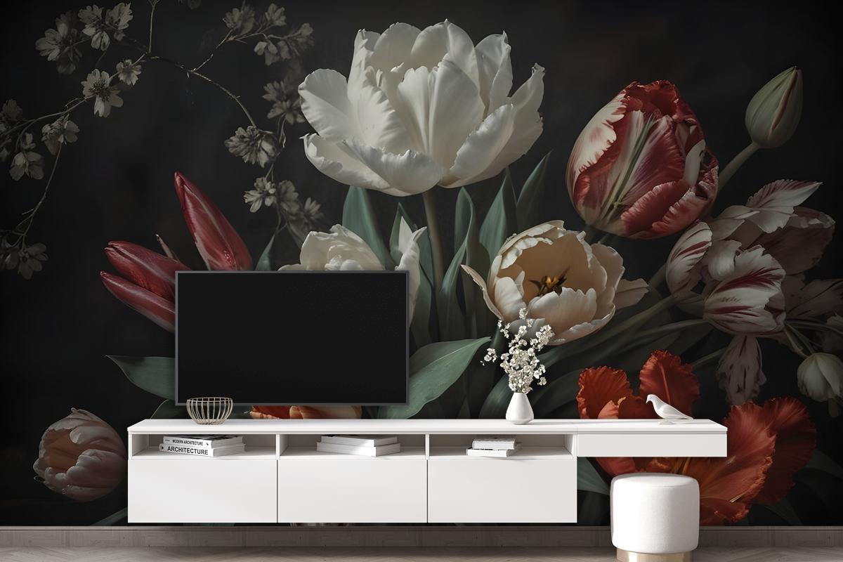 Dark Floral Dutch Bouquet With Tulips Bedroom Wallpaper Mural