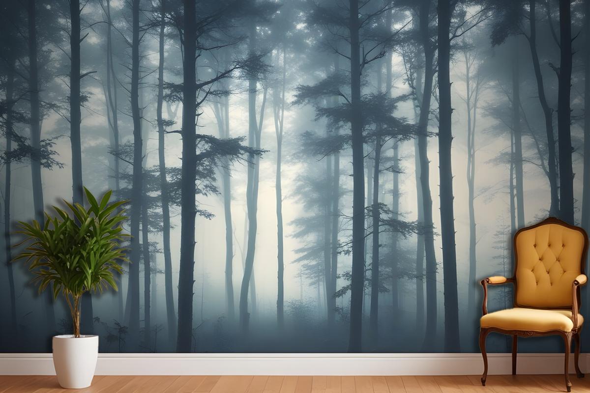 Dense Misty Forest With Tall Slender Trees And A Foggy Atmosphere Wallpaper Mural