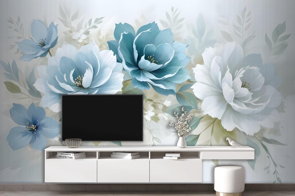 European Style 3D Look Blue Green Floral Wallpaper Mural