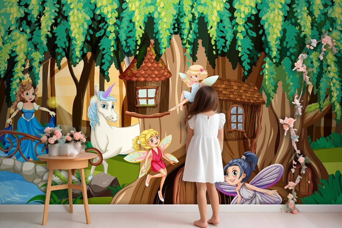 Fantasy Forest With Fairies And Unicorn Wallpaper Mural