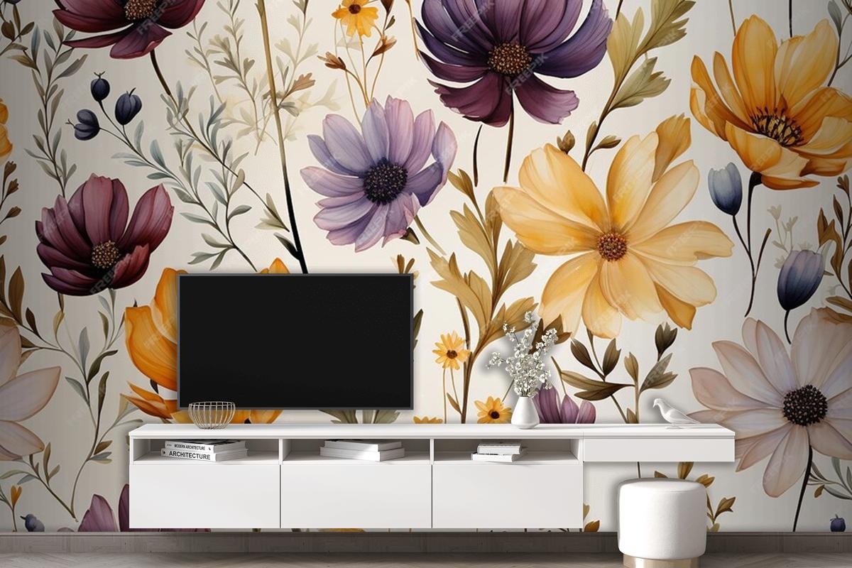 Floral Frame Background With Wildflowers Watercolor Wallpaper Mural