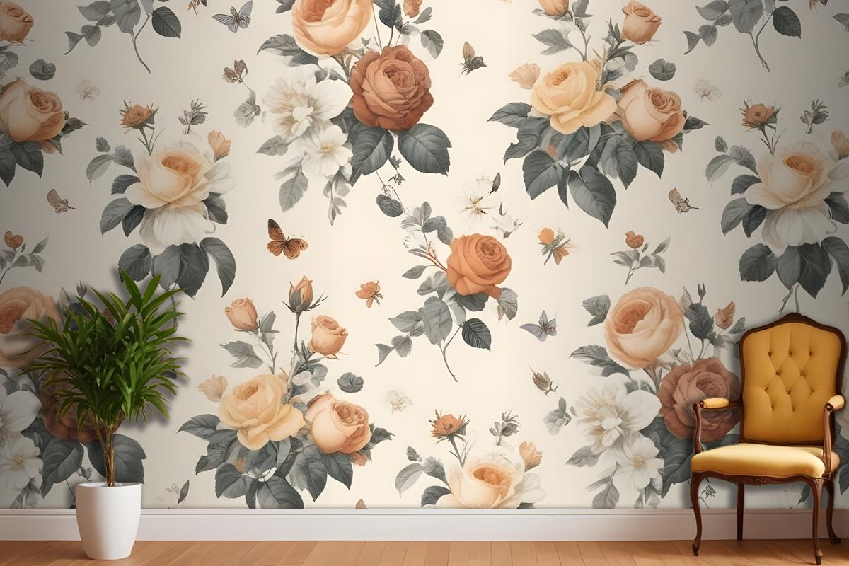 Floral Pattern With Various Types Of Roses Wallpaper Mural