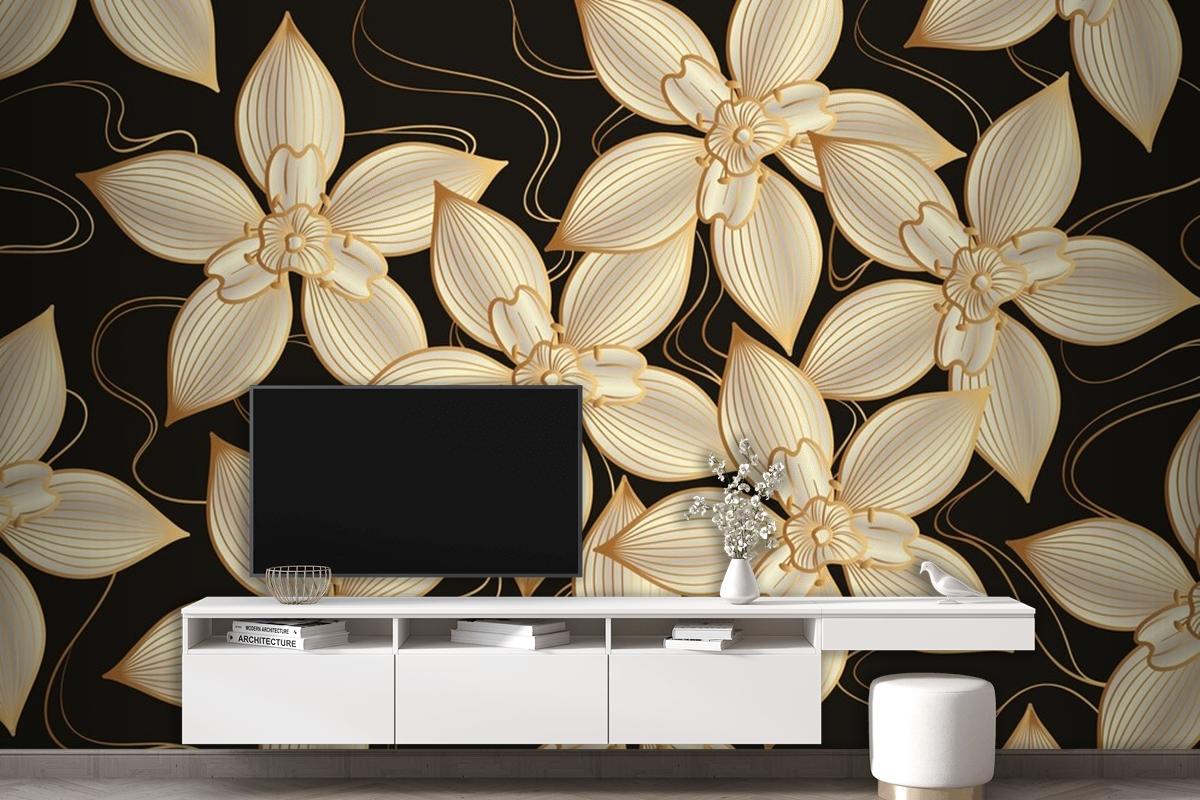Gradient Golden Linear Background With Elegant Flowers Wallpaper Mural