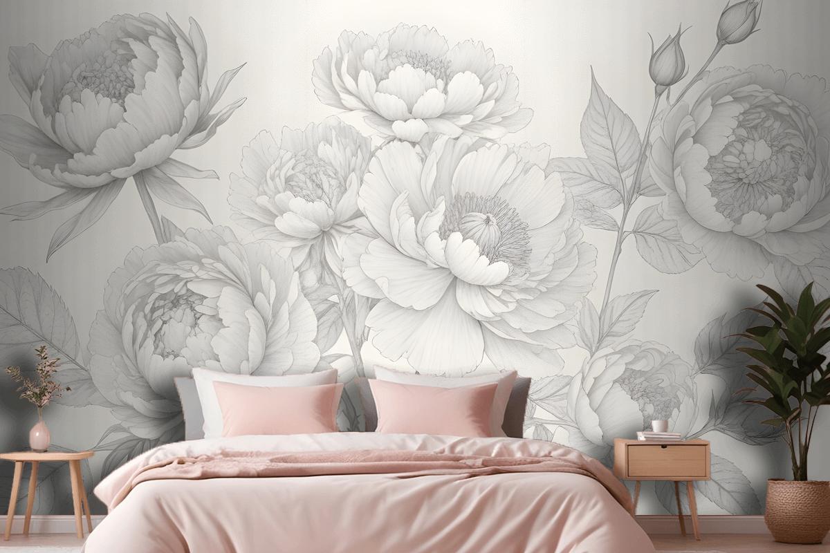 Gray Large Illustrated Roses Wallpaper Mural