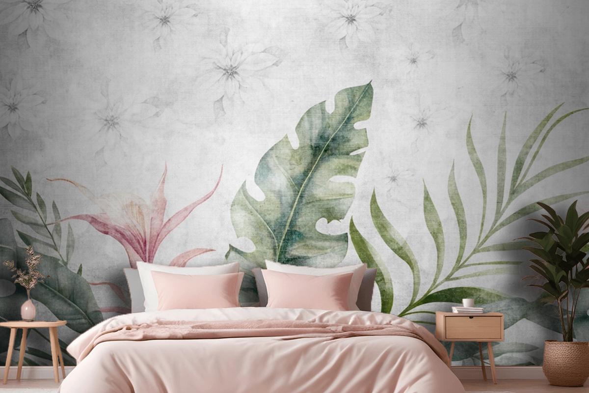 Green Branches Tree Leaves On Drawing Gray Bedroom Wallpaper Mural