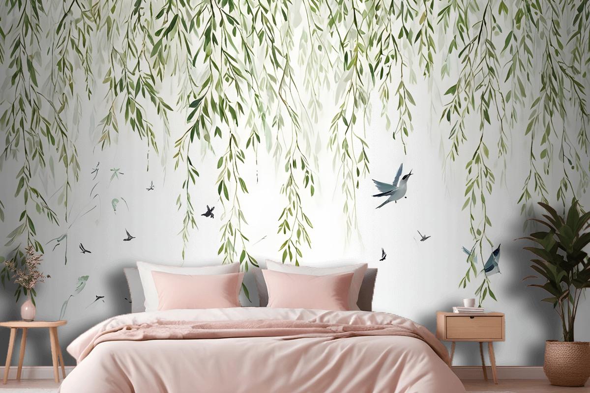 Green Hanging Leaves With Colorful Birds Wallpaper Mural