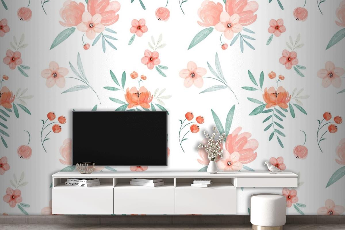 Hand Painted Watercolor Floral Pattern In Peach Tones Wallpaper Mural