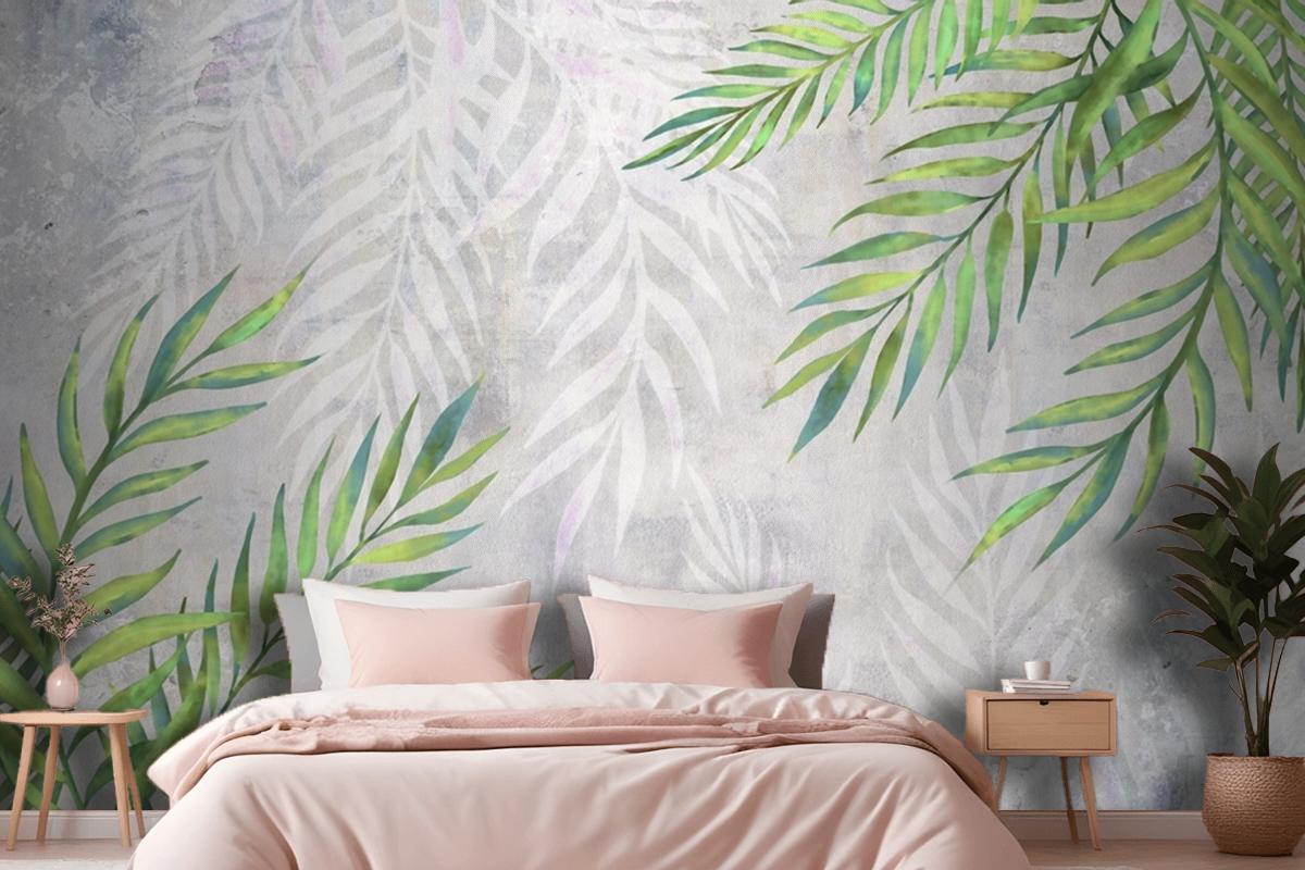 Leaves In The Corners On A Light Textured Bedroom Wallpaper Mural