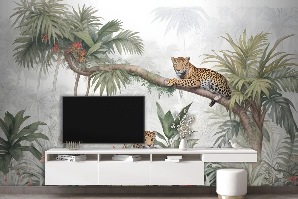 Leopards And Tropical Leaves Wallpaper Mural
