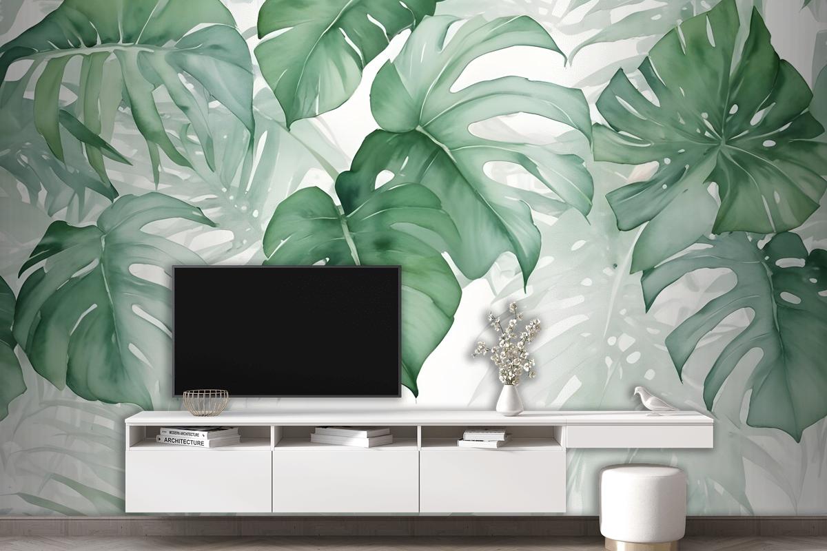Light Green Tropical Leaves Wallpaper Mural