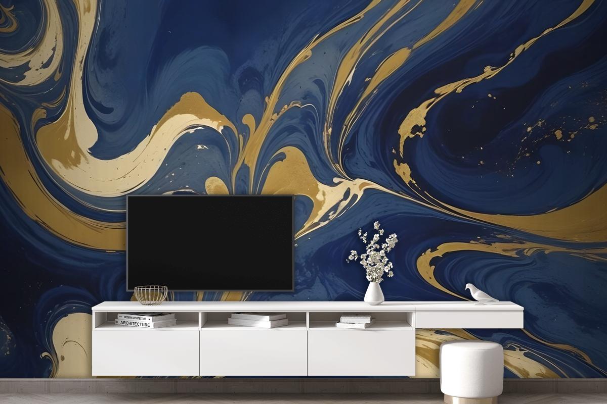 Liquid Abstract Marble Art Gold Blue Gradient Wallpaper Mural