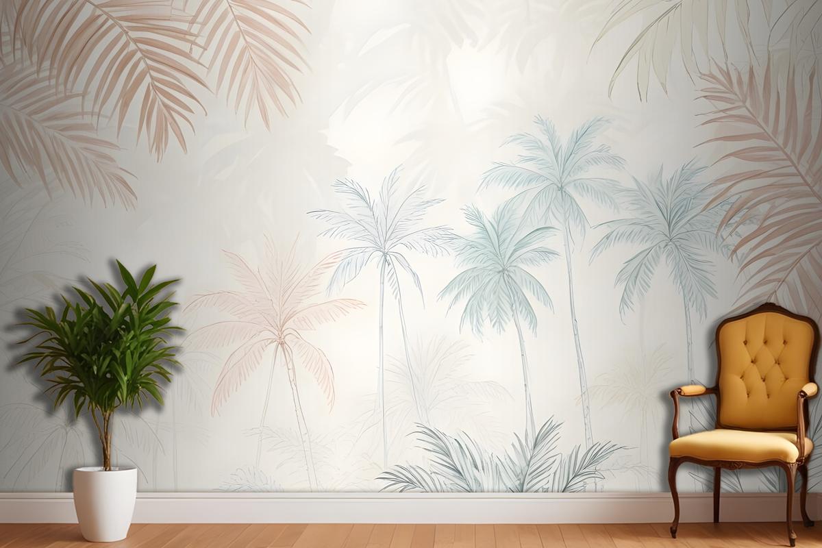 Minimalist Pink & Green Inky Tropical Wallpaper Mural