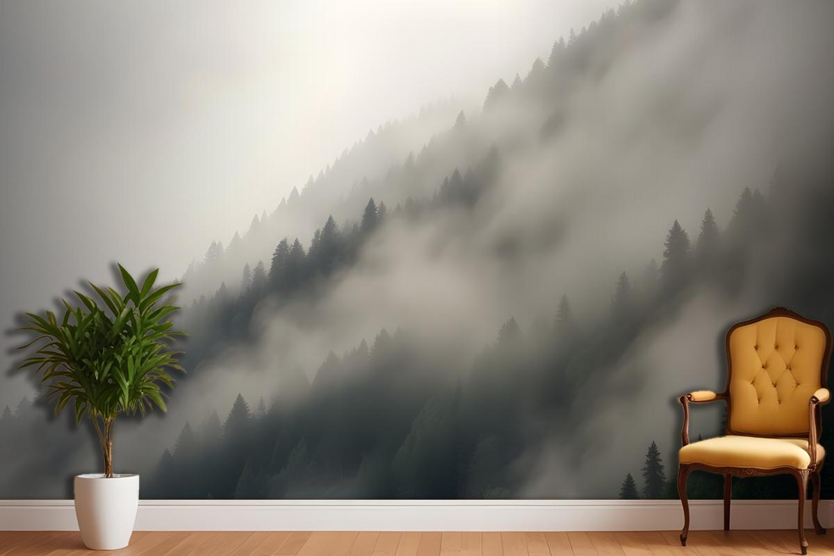 Misty Mountain Landscape With Dense Fog Covering The Forested Slopes Wallpaper Mural