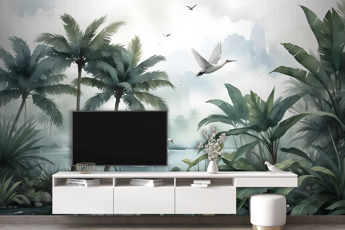 Misty Tropical Forest With Lake Wallpaper Mural